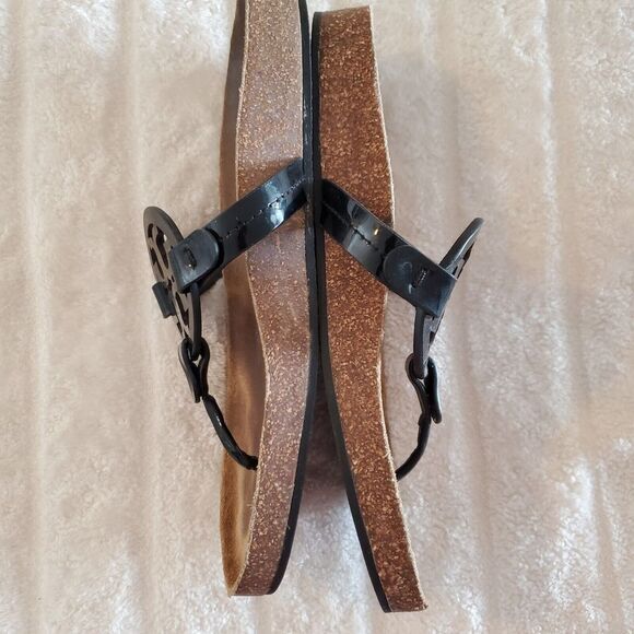 Tory Burch Miller Cloud Sandal Black Patent Leather Womens 8 Suede Footbed Cork - Picture 3 of 7